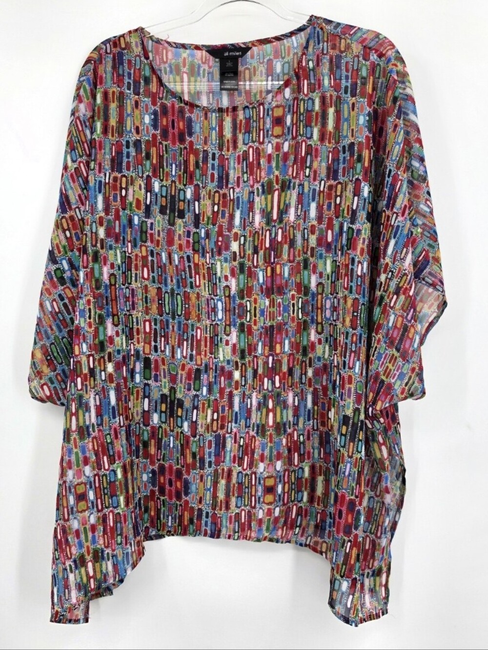 Ali Miles Oversized Art To Wear Blouse Sheer Multicolor Abstract Print Large